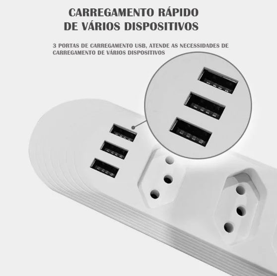 Extensão Elétrica 2m Com 3/4 Tomadas e 3 Entradas USB com Botão Liga/Deliga