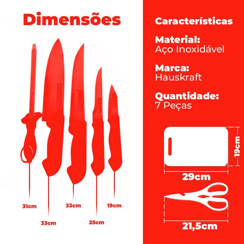 Conjunto de facas Inox profissionais de 7 peças com Tábua e Tesoura-Western